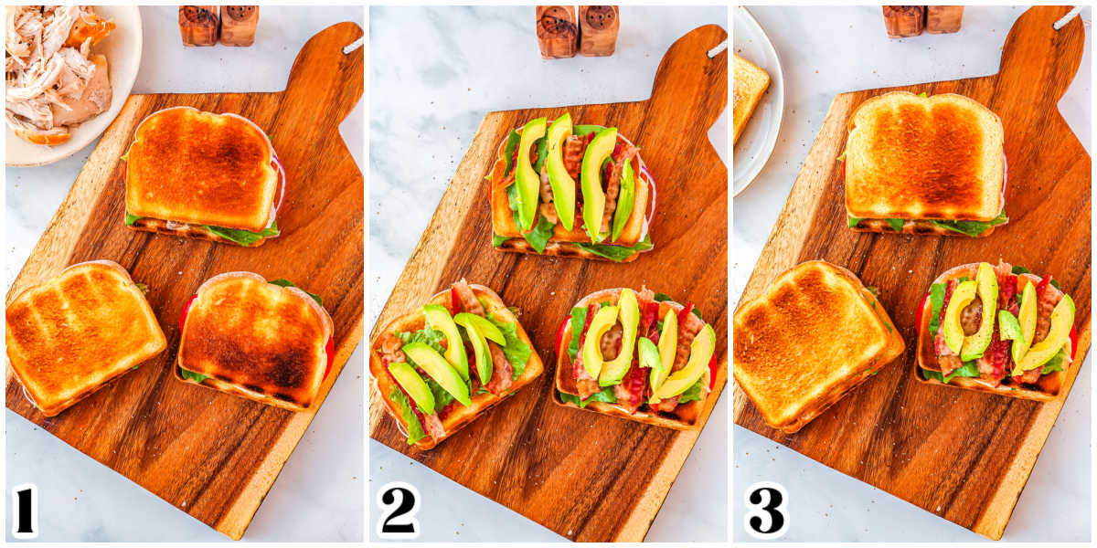 The sandwich is layered with bread, avocado, and bacon.
