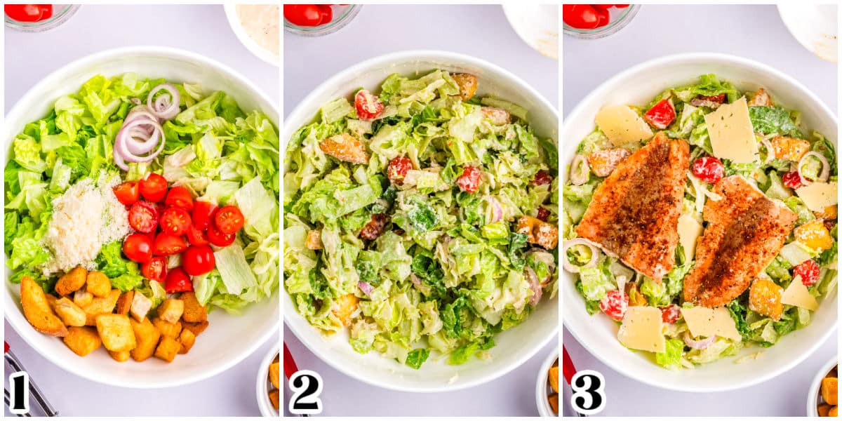 The salad ingredients in a bowl and tossed with Caesar dressing.