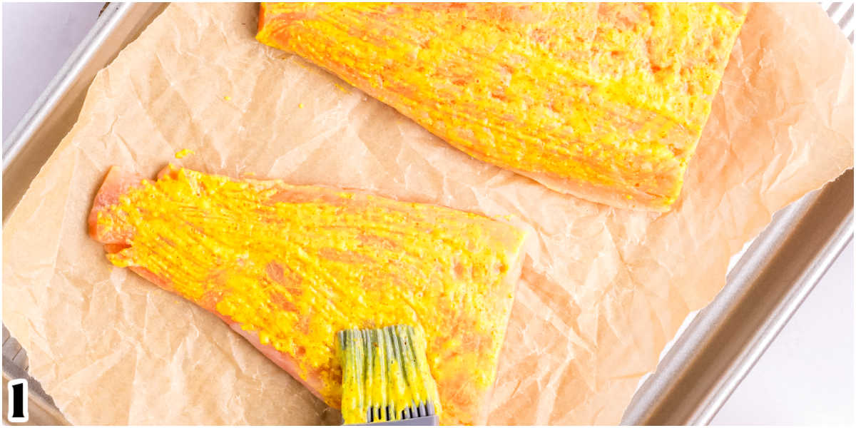 Dijon mustard brusted over the salmon.