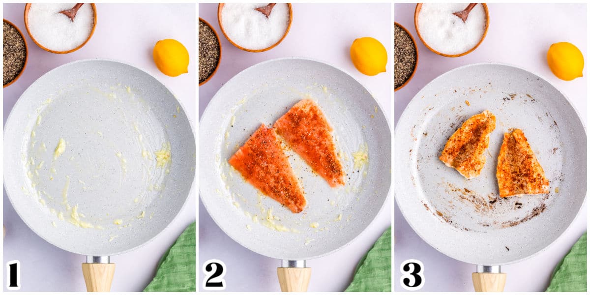 The salmon cooking in a pan.