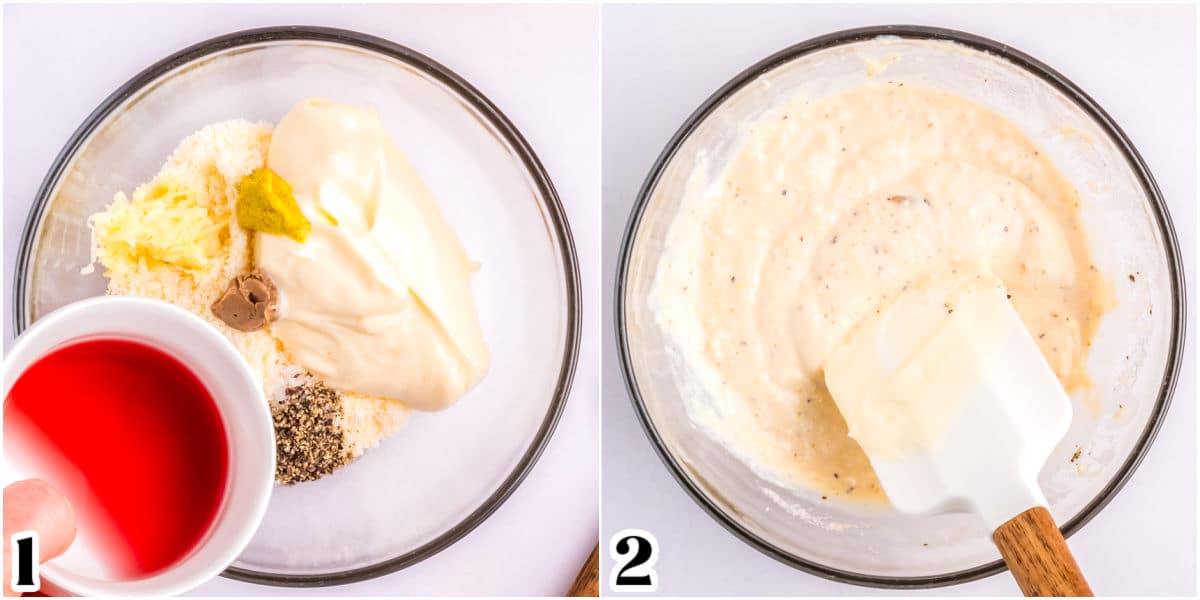 The Caesar dressing mixed until combined.