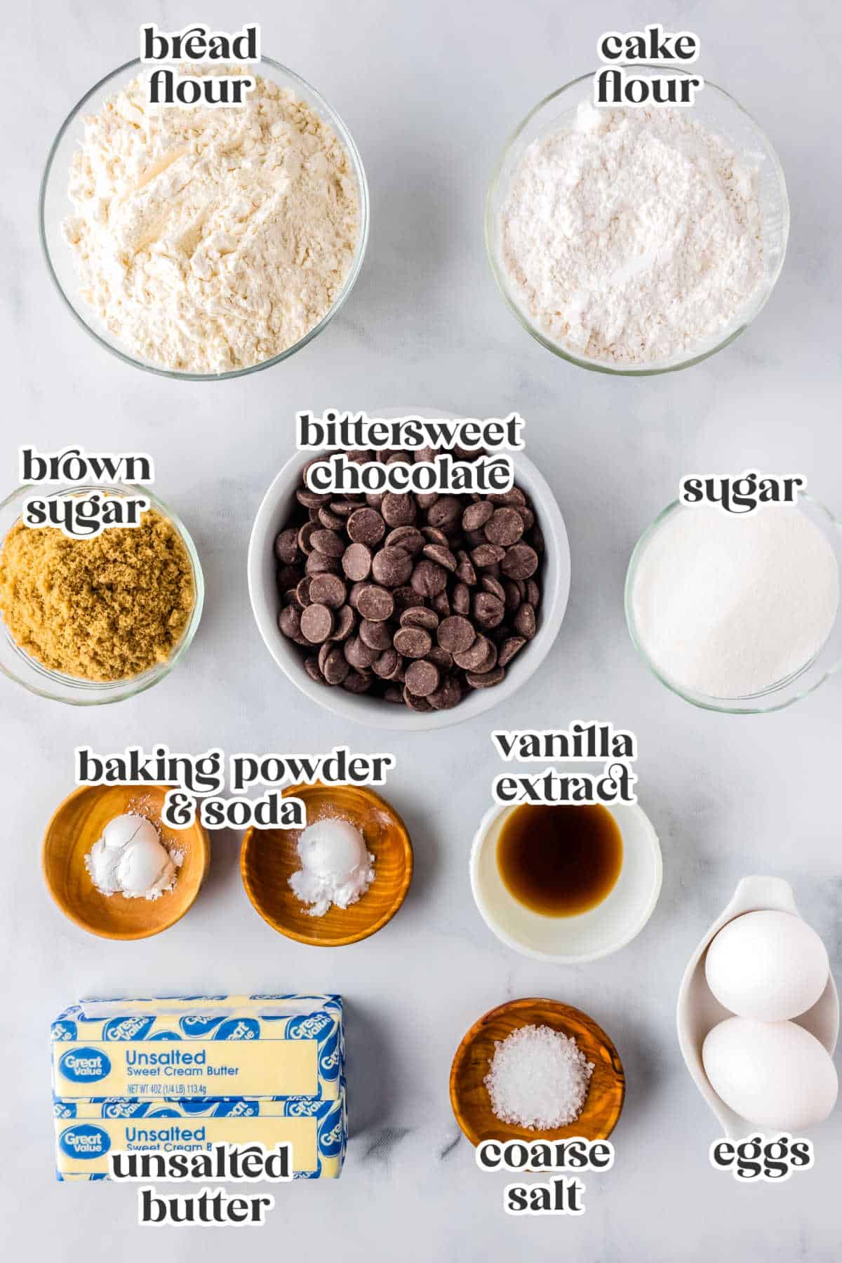 The ingredients for this recipe with text overlay labeling each one.