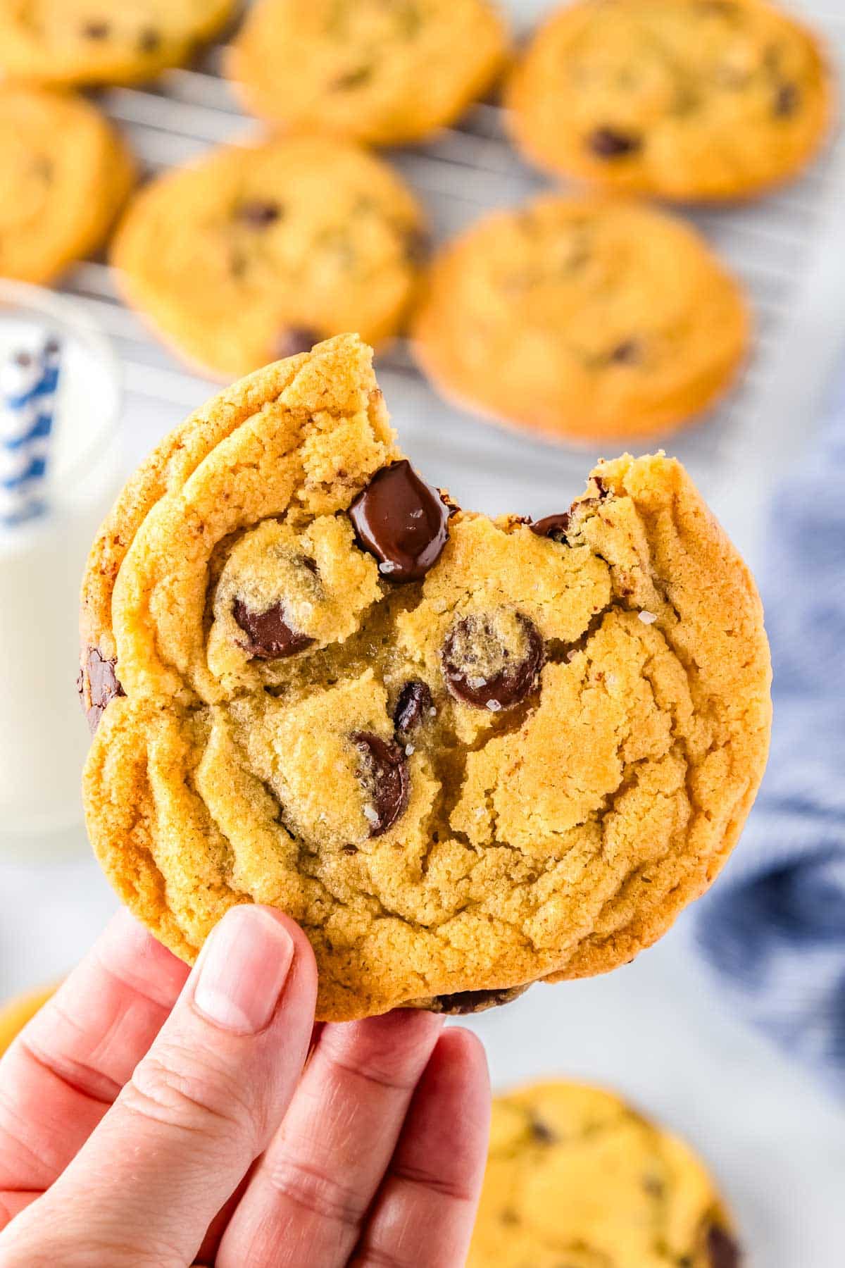 A hand holding a cookie with a bite taken out of it.