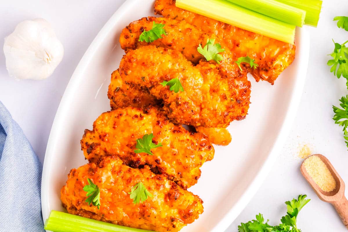 A platter of air fryer buffalo chicken tenders.
