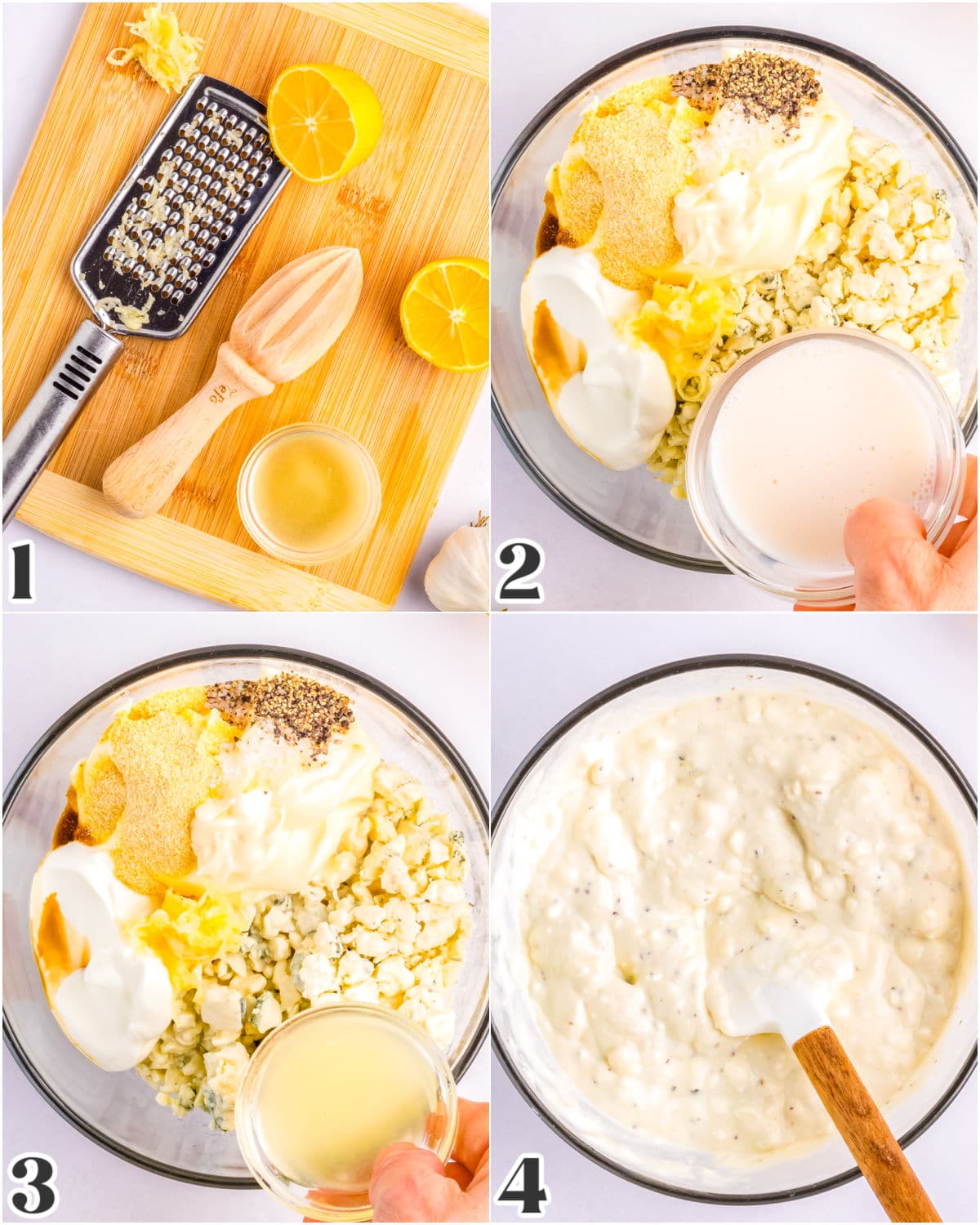 The lemon juice and garlic were grated, added to a bowl with the other dressing ingredients, and mixed.