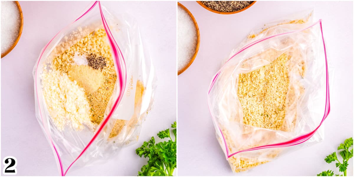 The dry coating for chicken tenders mixed in a Ziploc bag.