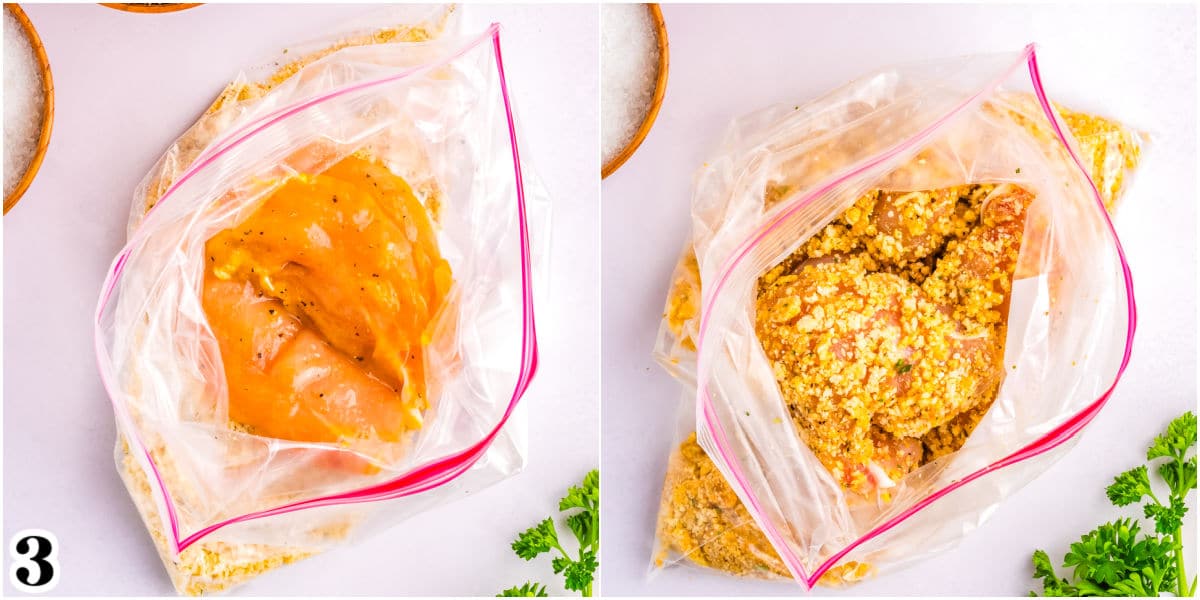 The chicken tenders added to the breadcrumb mixture.