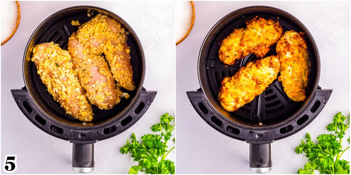The chicken tenders before and after air frying them.