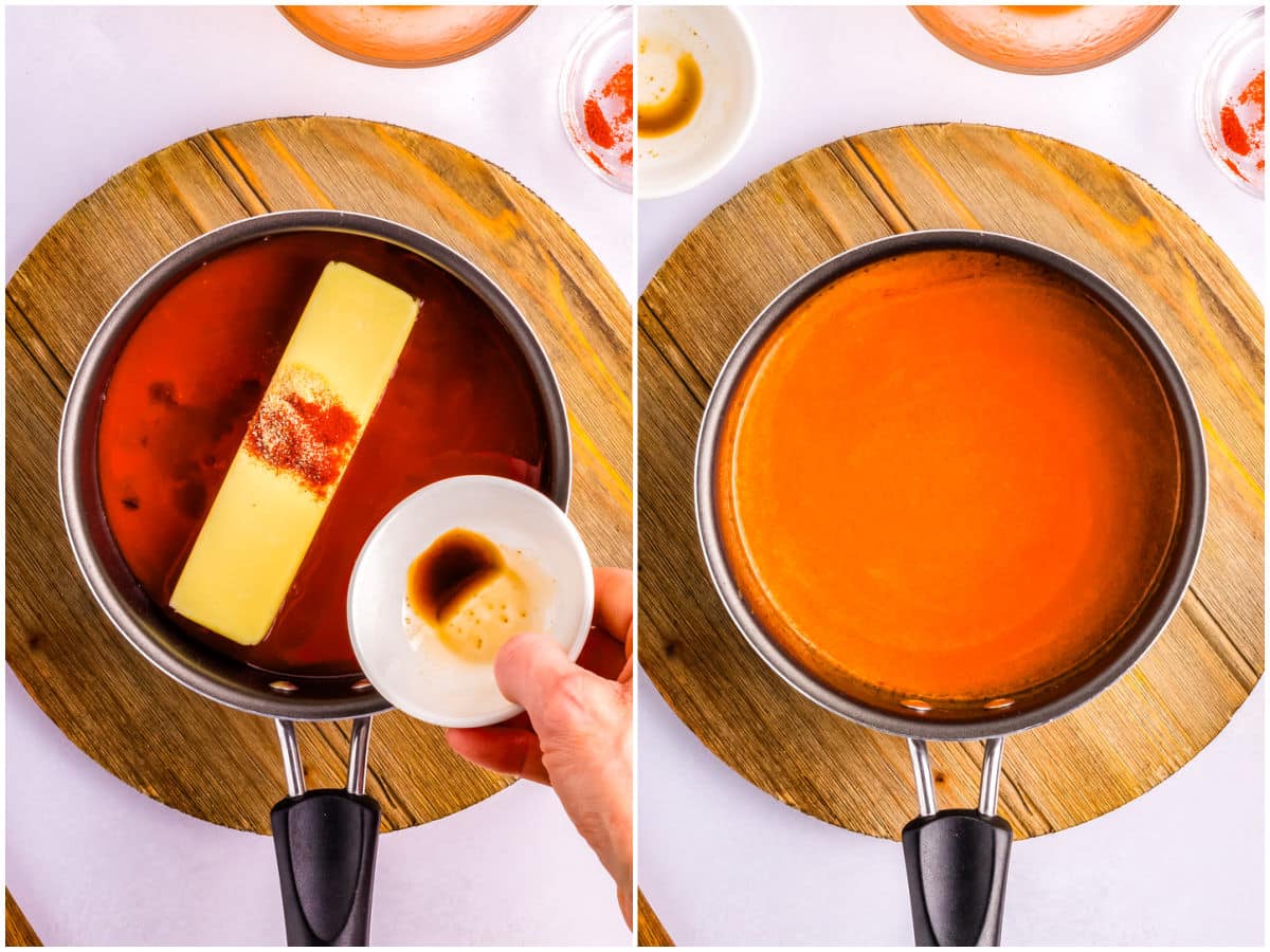 All of the sauce ingredients in a saucepan and melted together.