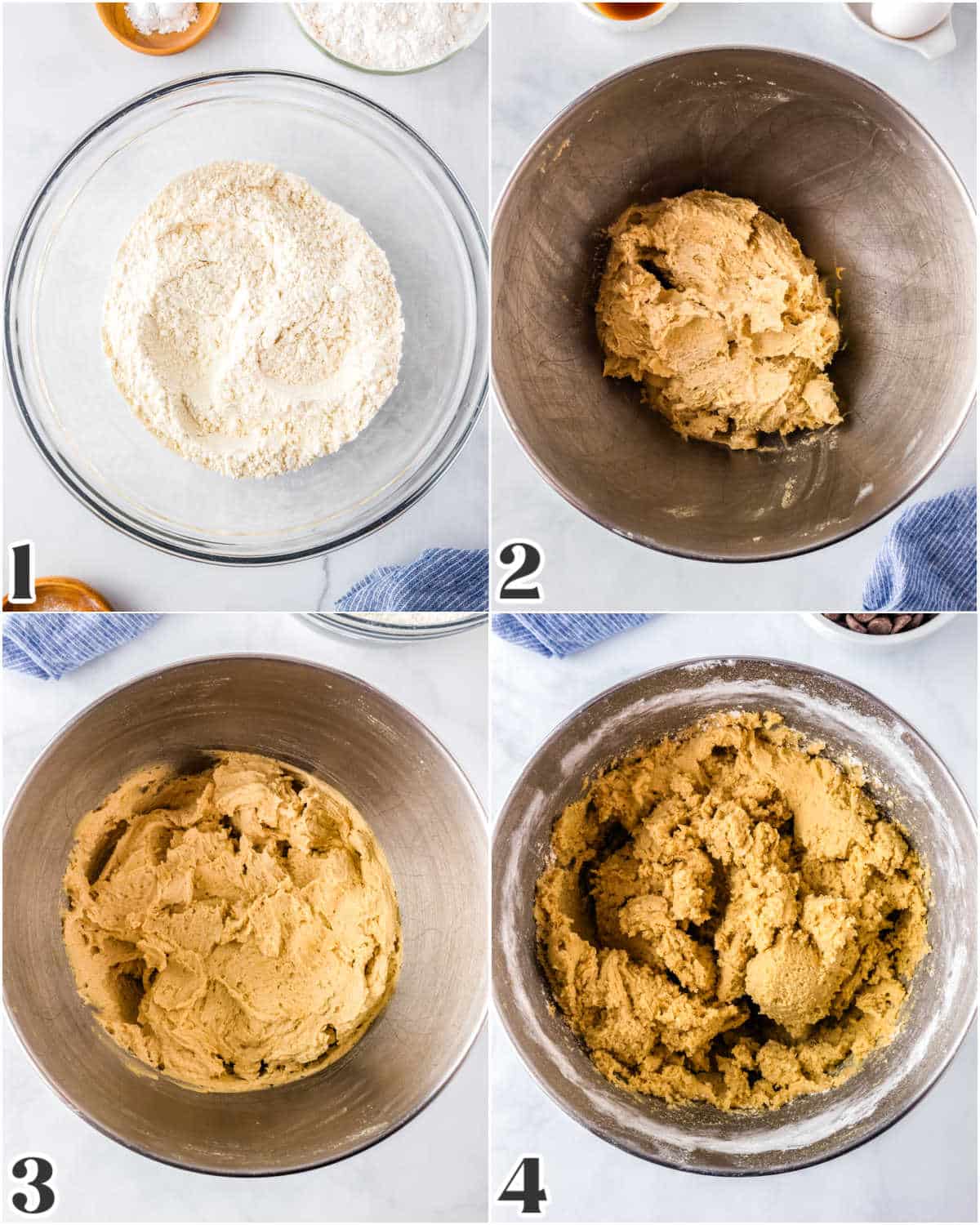 The flour sifted, butter and sugars creamed, and eggs vanilla and flours added to make the cookie dough batter.