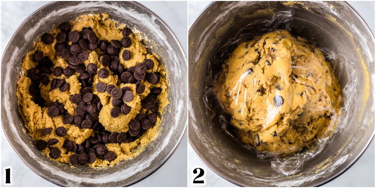 The chocolate chips added and mixed into the dough and plastic wrap covering the top of the cookie dough.