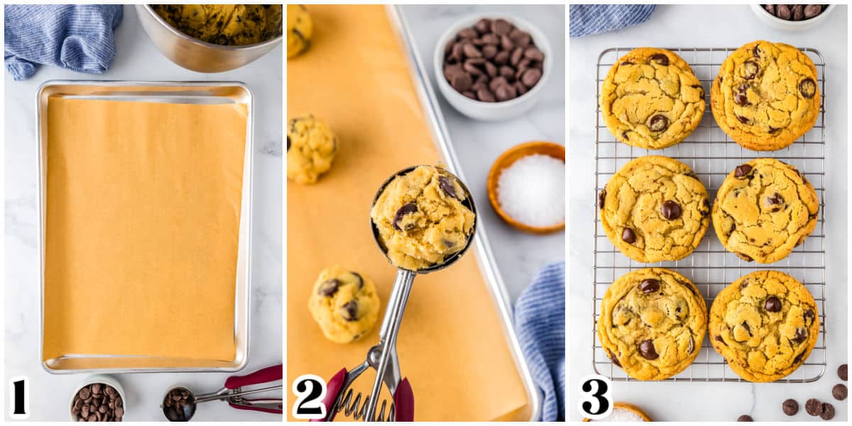 The cookie dough scooped on a parchment-lined baking sheet.