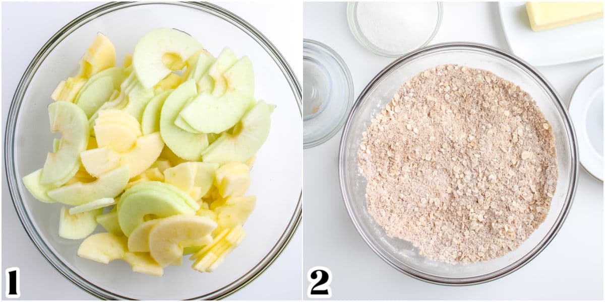 The peeled, cored, and sliced apples in a mixing bowl.