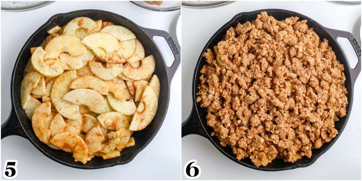 The apples in a cast iron skillet with the topping covering the apples.