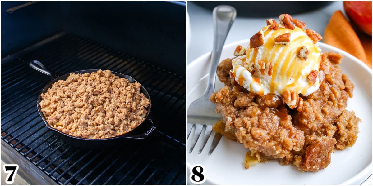 The finished apple crisp is smoked and dished up with a scoop of ice cream.