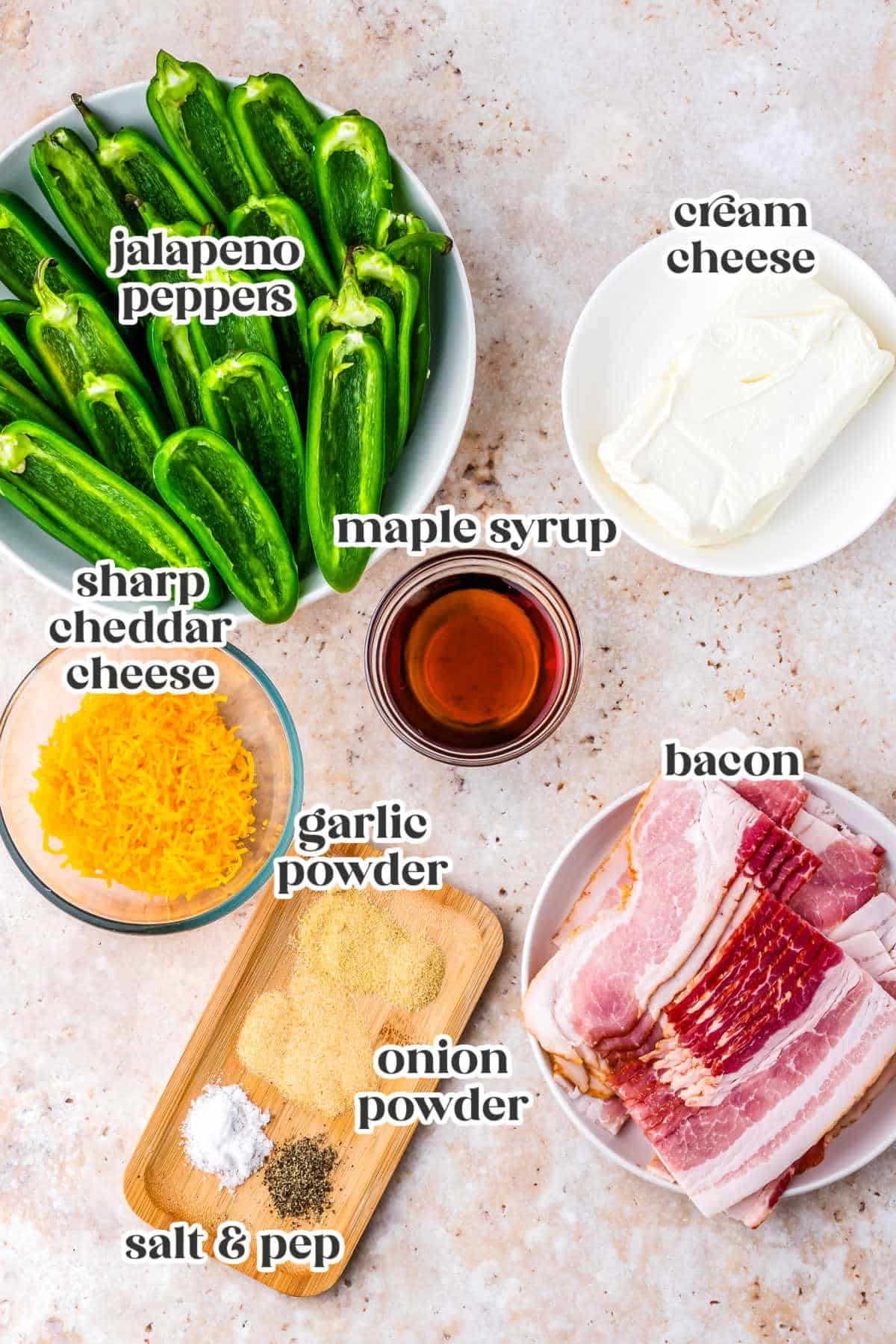 The ingredients for this recipe with text overlay labeling each one.