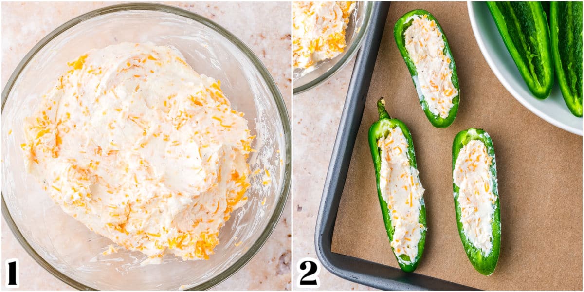The cream cheese filling in a bowl a stuffed into a jalapeno cut in half.