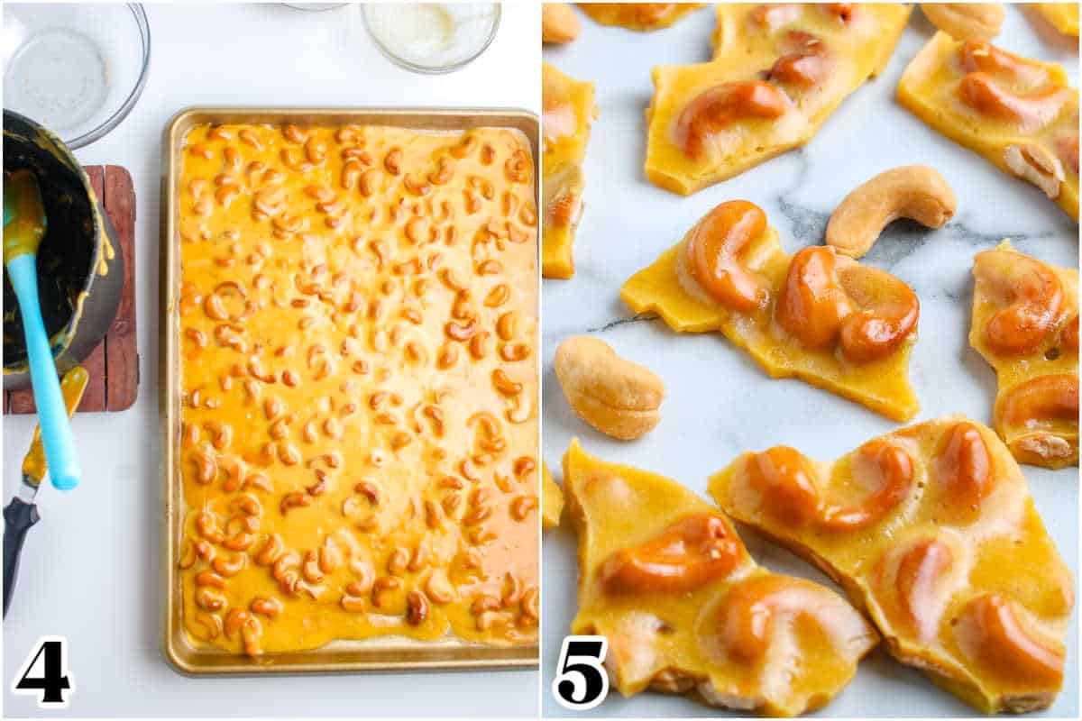 The brittle poured out onto a rimmed baking sheet and then broken into pieces.