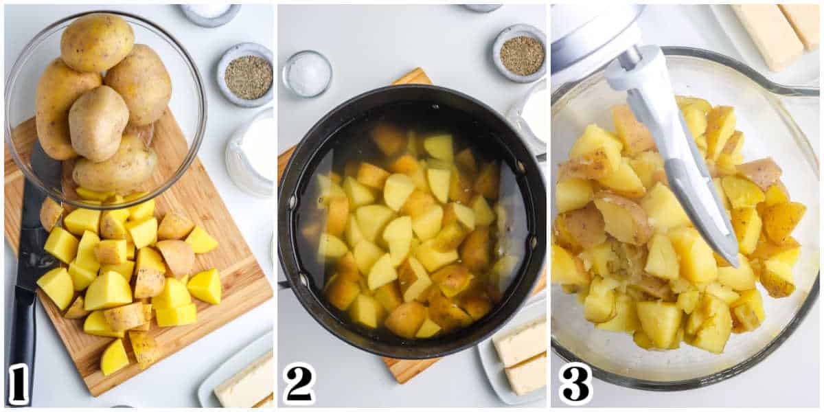 The potatoes cut on a cutting board and then cooked in boiling water.