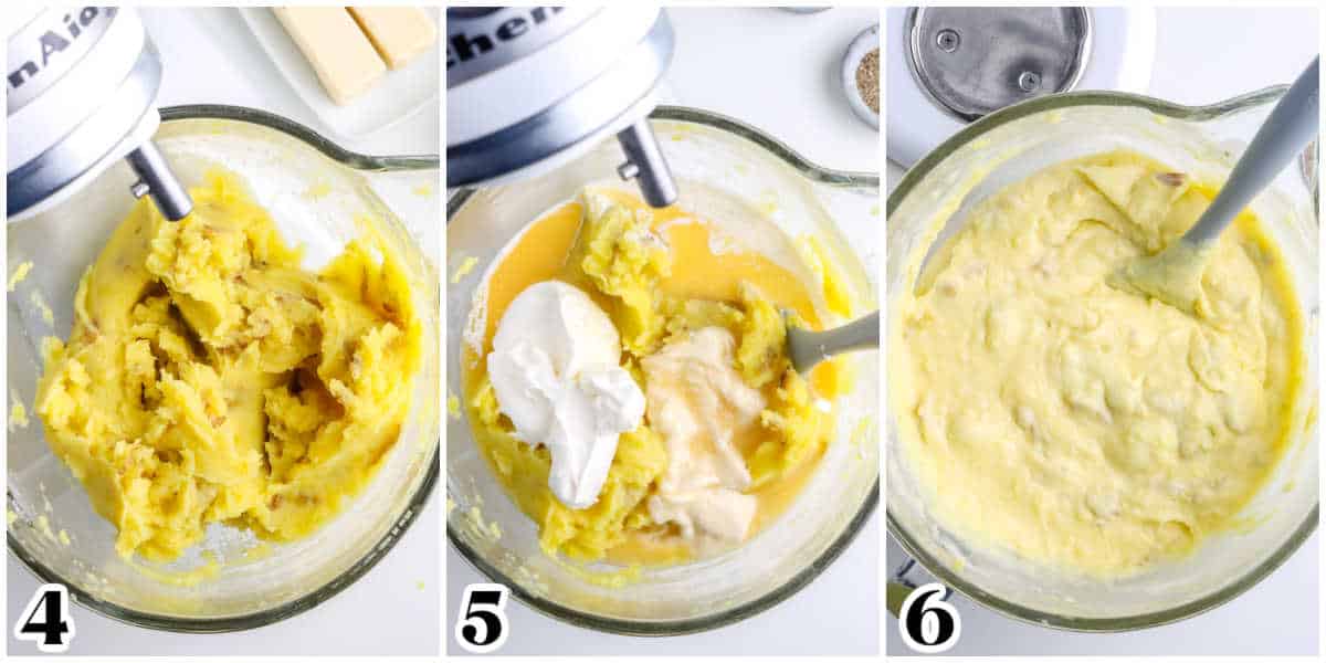 The potatoes mashed and with the butter, heavy cream, sour cream, and salt and pepper added to it.