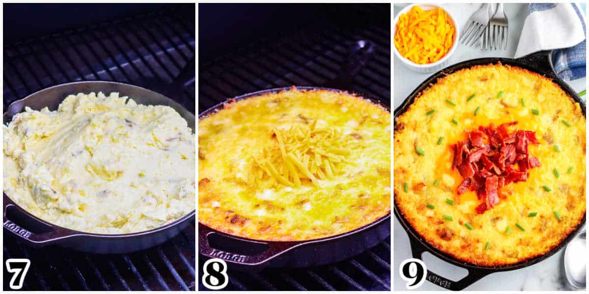 The mashed potatoes before and after they are cooked on a Traeger smoker.