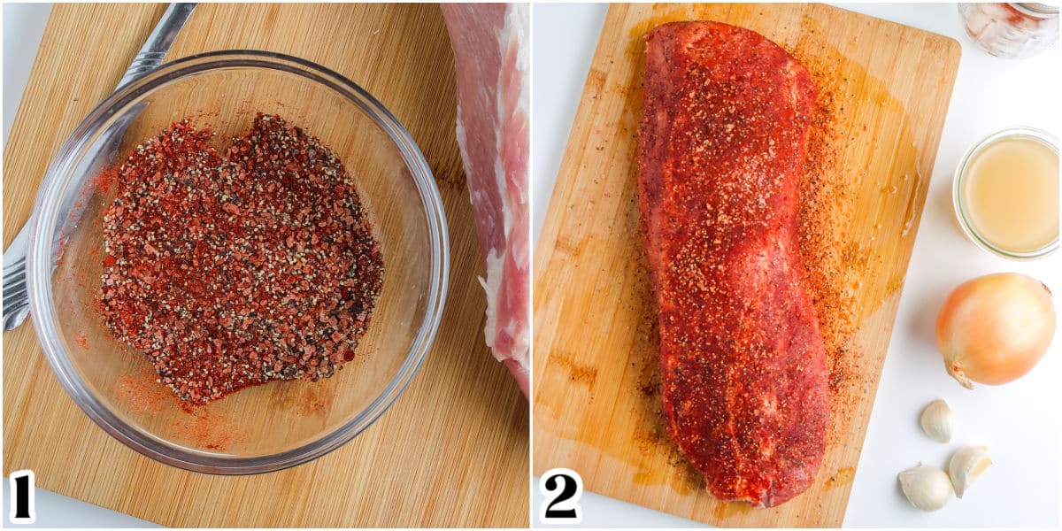 The seasoning rub mixed together and then rubbed all over the pork loin.