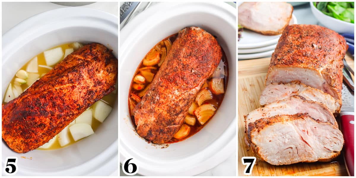 The seared pork loin laid on top of onions and then slow cooked and sliced.