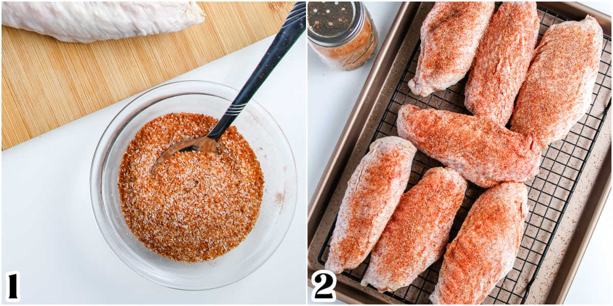 The seasoning mix in a bowl and sprinkled over the turkey wings.