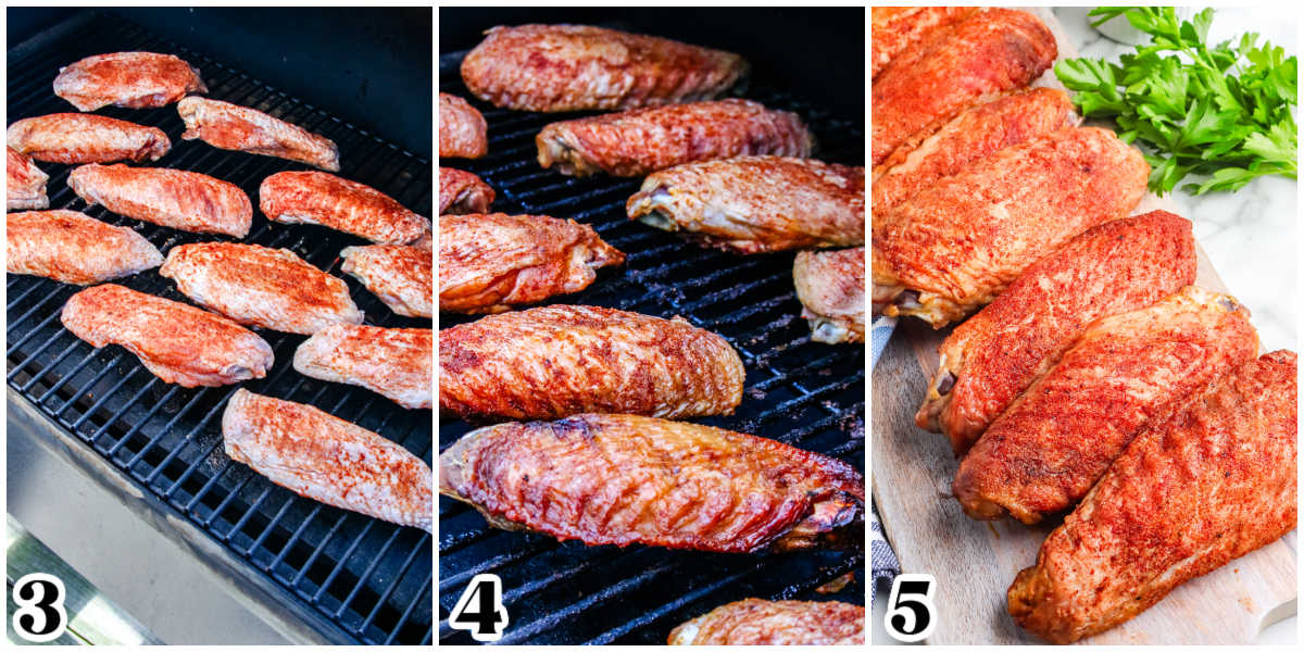 The wings on the smoker grates before and after smoking.