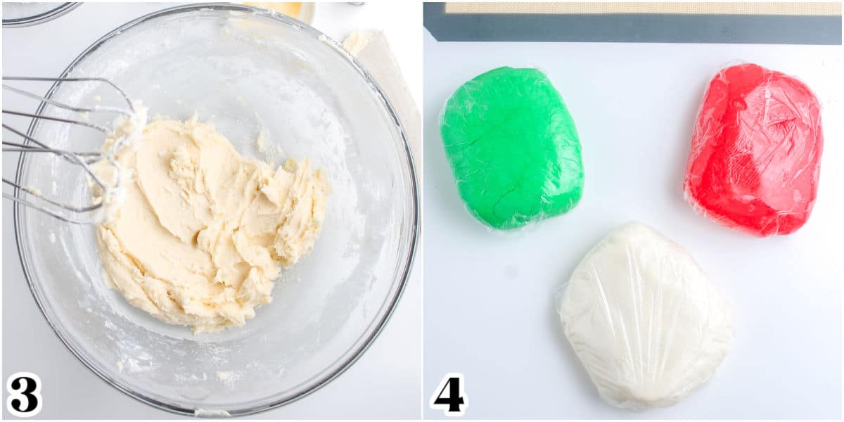 The dough was in a bowl and then separated into three pieces and colored with gel food coloring.