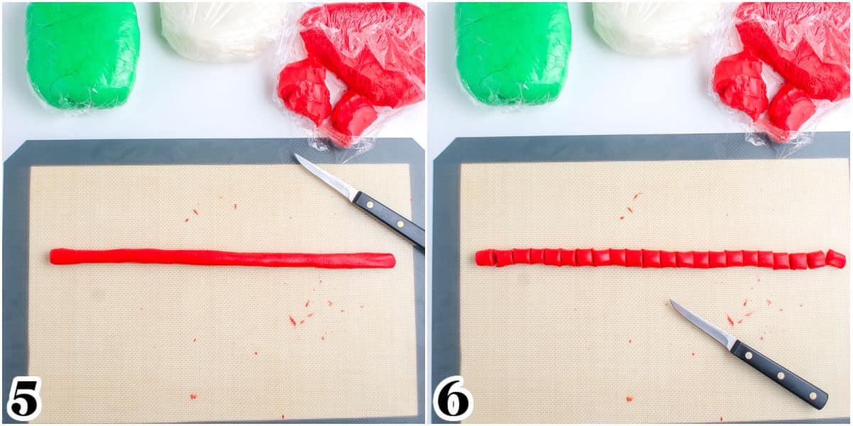 The mint dough rolled into a long rope and then cut into bite-size pieces.