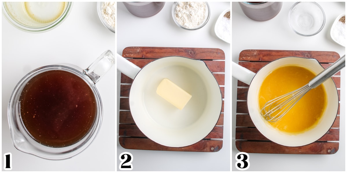 Butter melted in a saucepan with flour whisked into it.