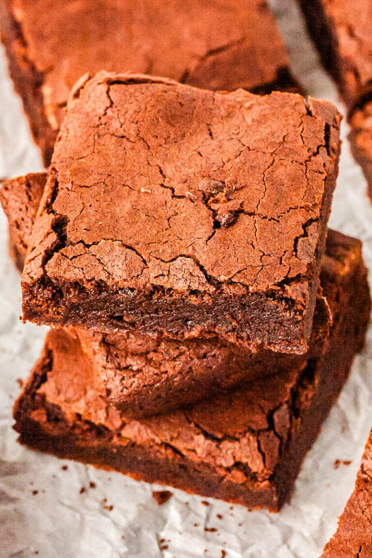 The finished double fudge brownies stach on each other.