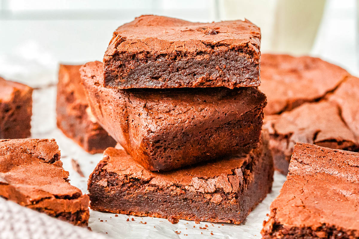 Three brownies stacked on top of each other.
