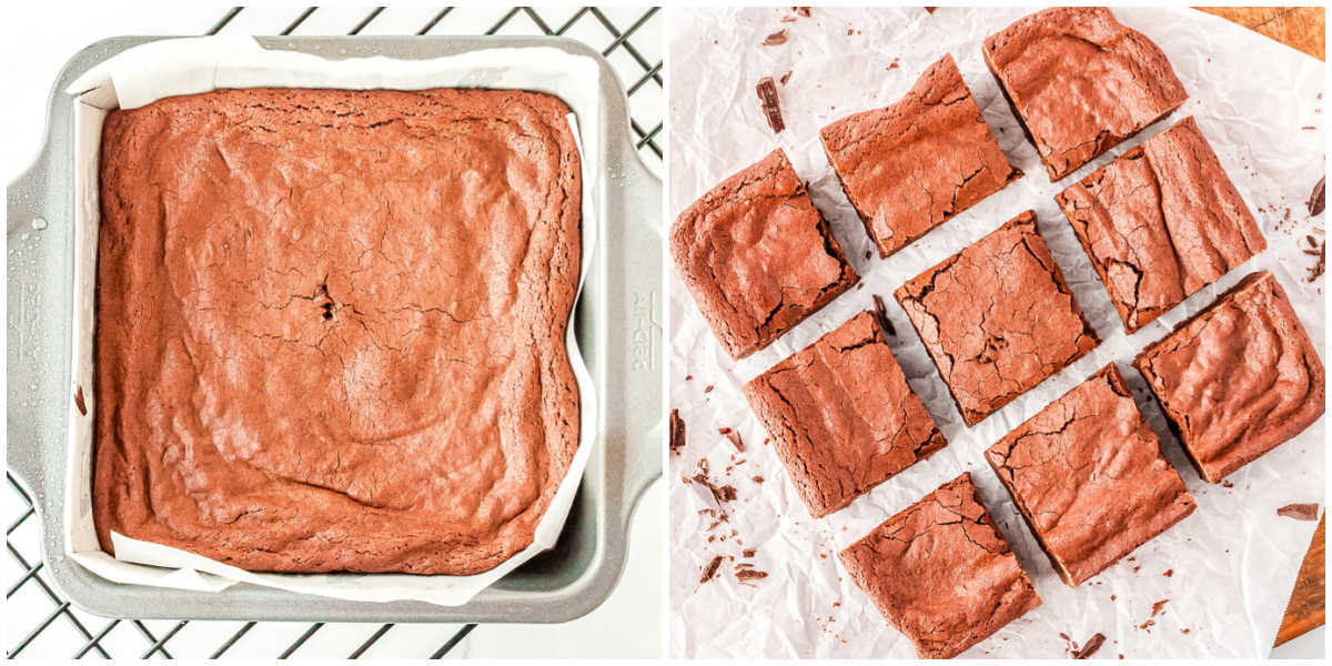 The brownies cooling on a wire rack and then sliced into squares.