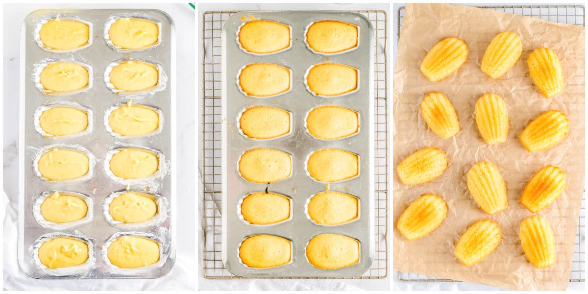 The lemon madeleines before and after baking.