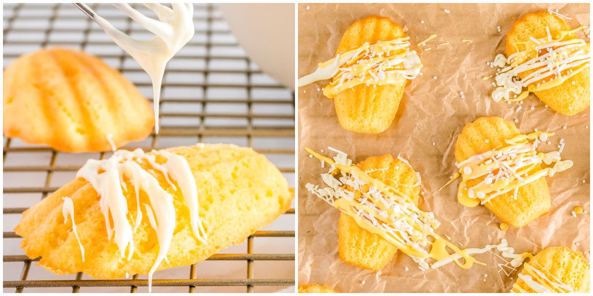 Madeleines drizzled with white chocolate and a lemon glaze on parchment paper.
