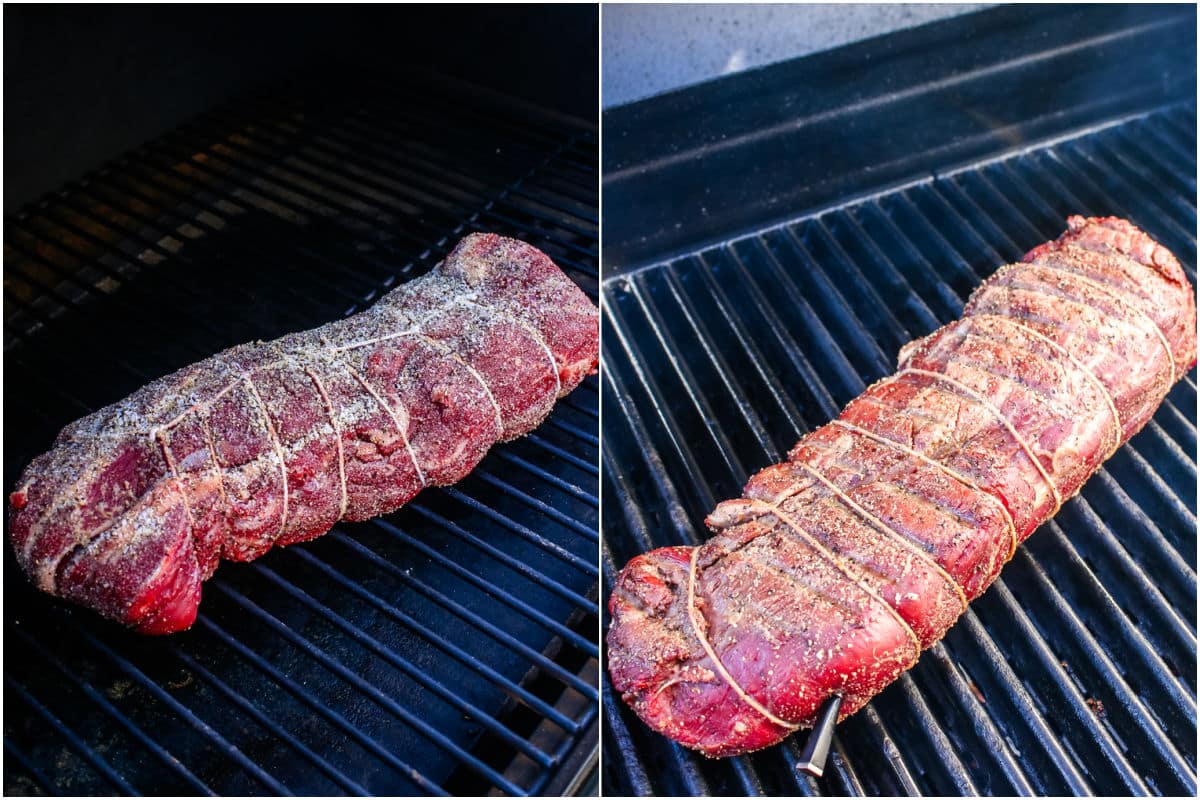The beef tenderloin before and after smoking it.