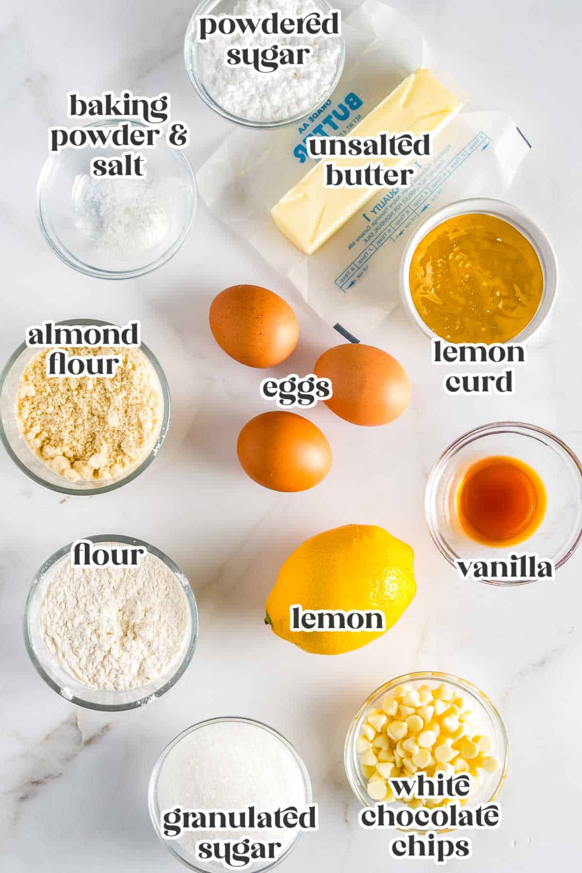 The Lemon Madeleines recipe ingredients with text overlay labeling each.