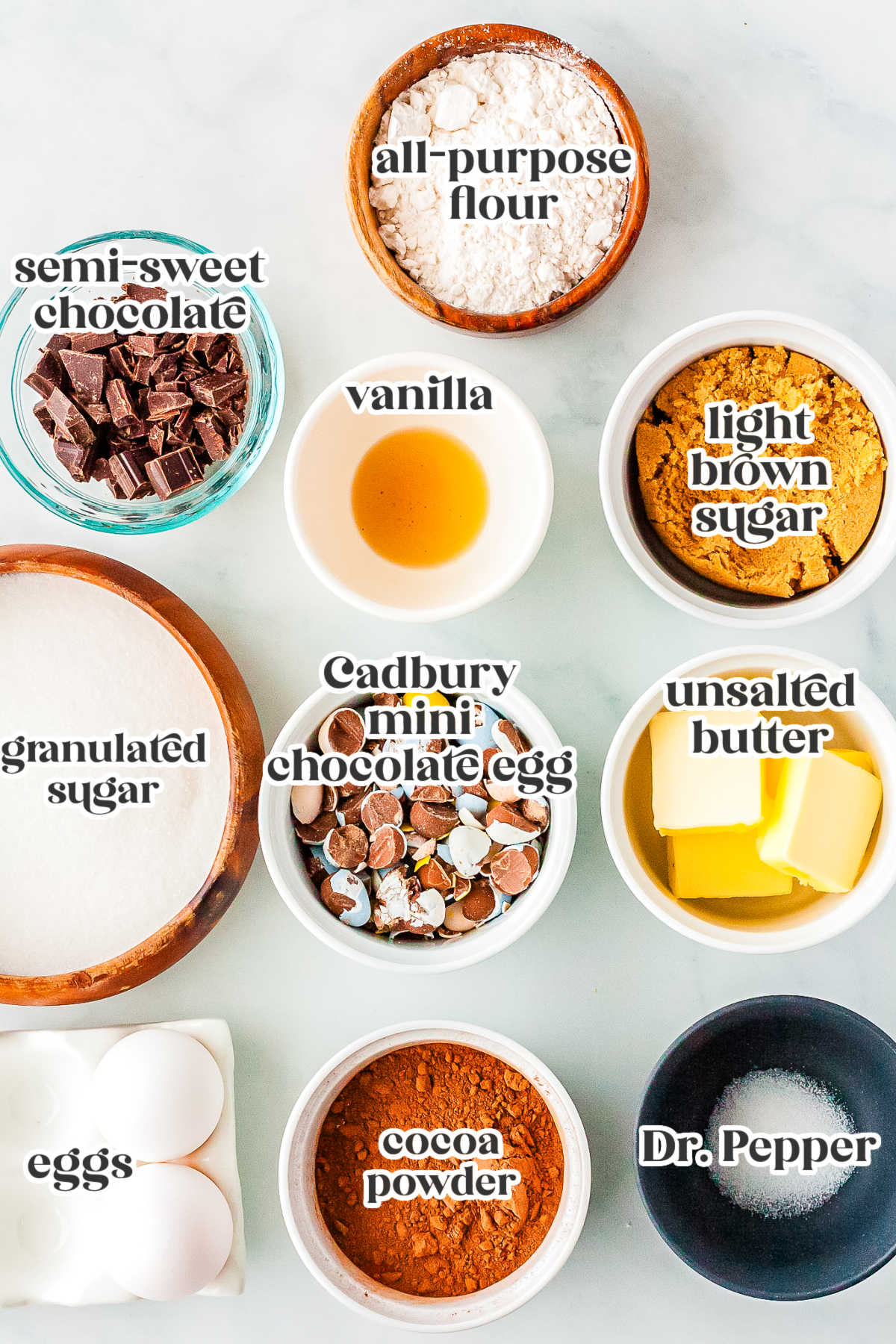 The Easter Brownies ingredients with text overlay labeling each.