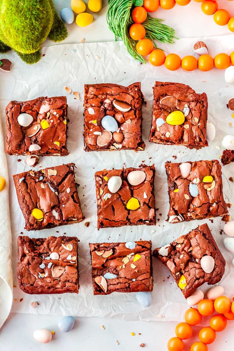 The Easter brownies cut into nine squares.