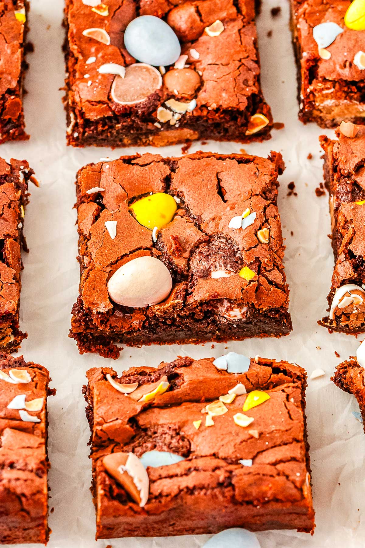 Cut Easter brownies on a work surface.