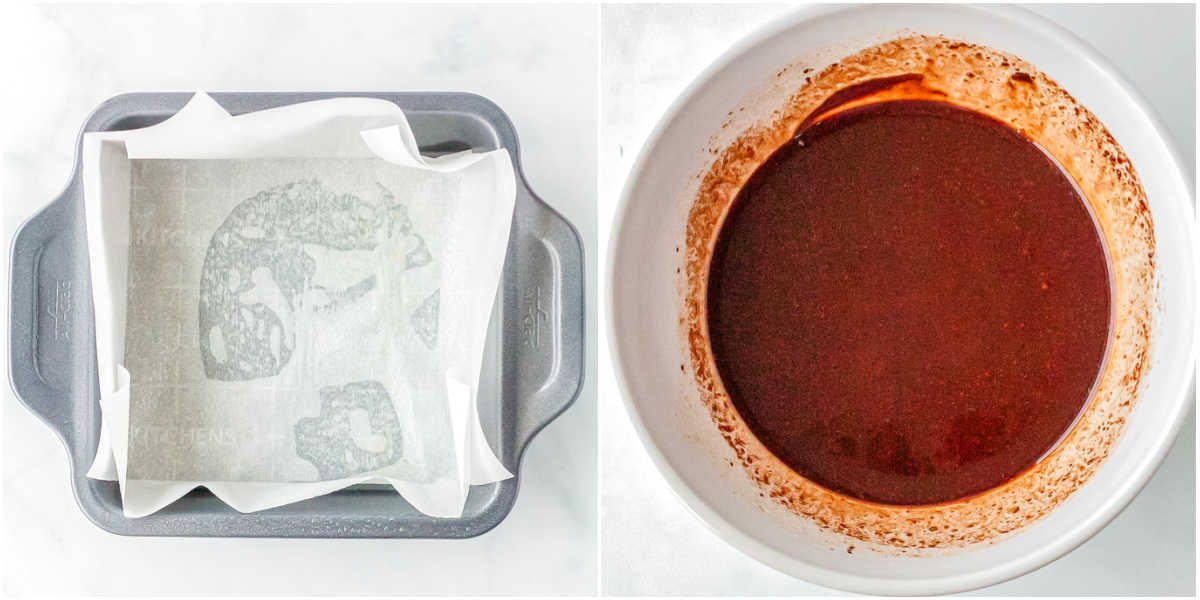 A pan lined with parchment paper and chocolate and butter melted together.