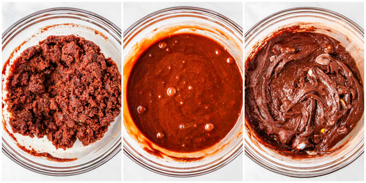The melted chocolate mixture is mixed with sugar, eggs, vanilla, and Cadbury eggs.