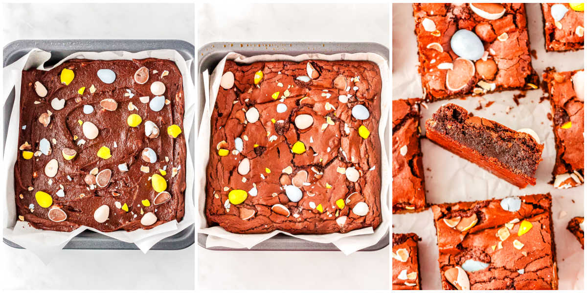 The brownies before and after they are cut into squares.