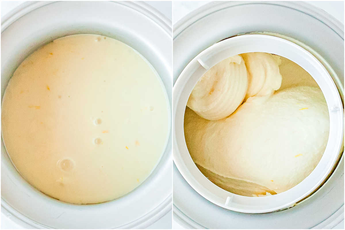 The sherbet in an ice cream maker before and after it is churned and frozen.