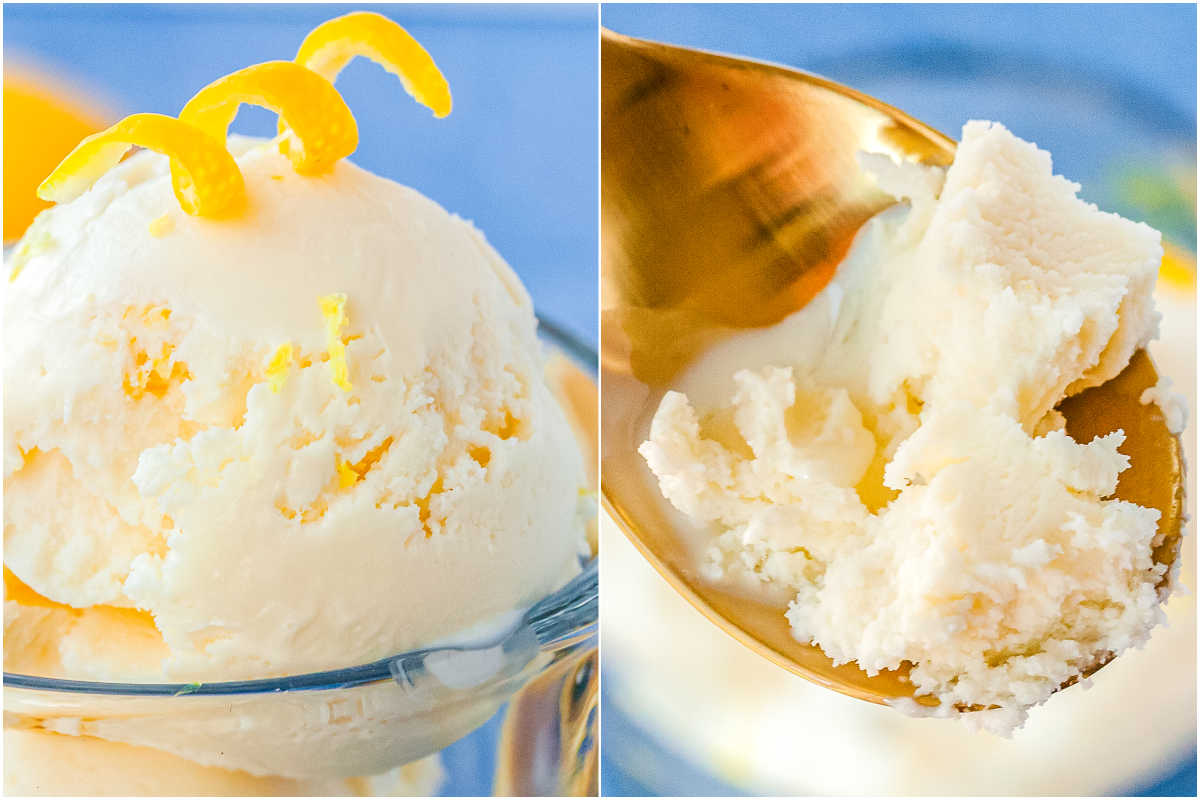 The sherbet scooped into a dish and a spoon picking up some of it.