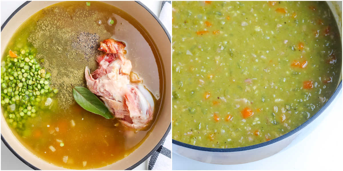 The split pea soup ingredients added to a pot and simmered.
