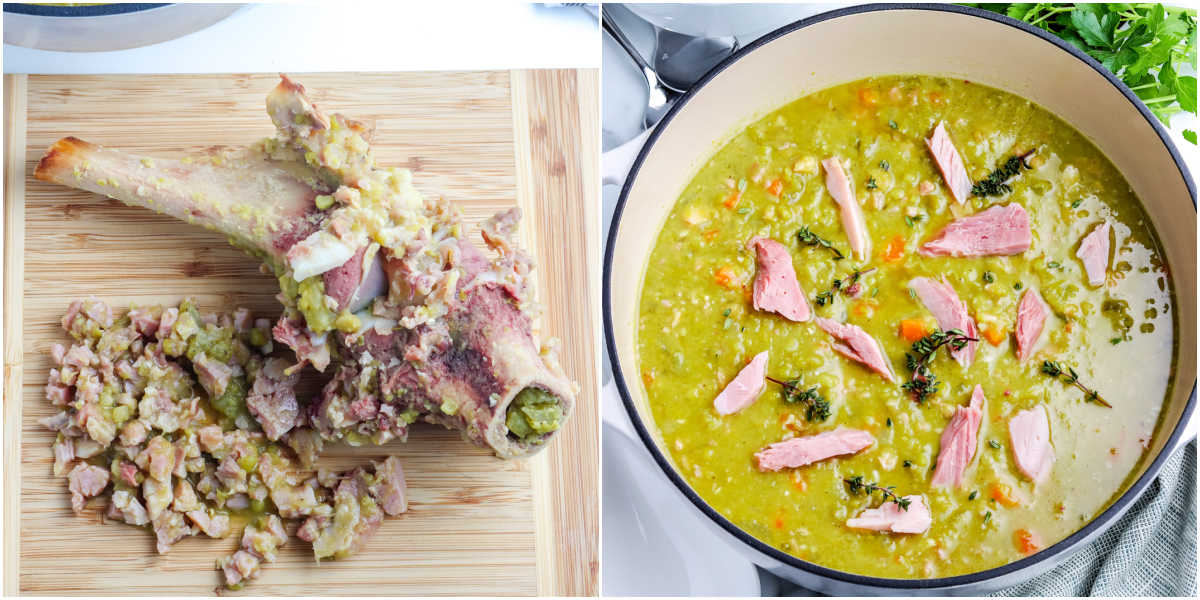 Ham pieces picked off of the ham bone and added to the soup.
