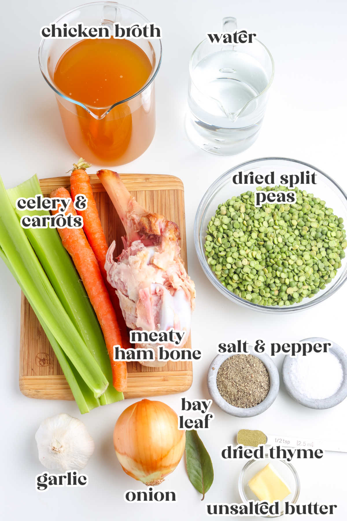 The split pea ingredients with text overlay labeling each.